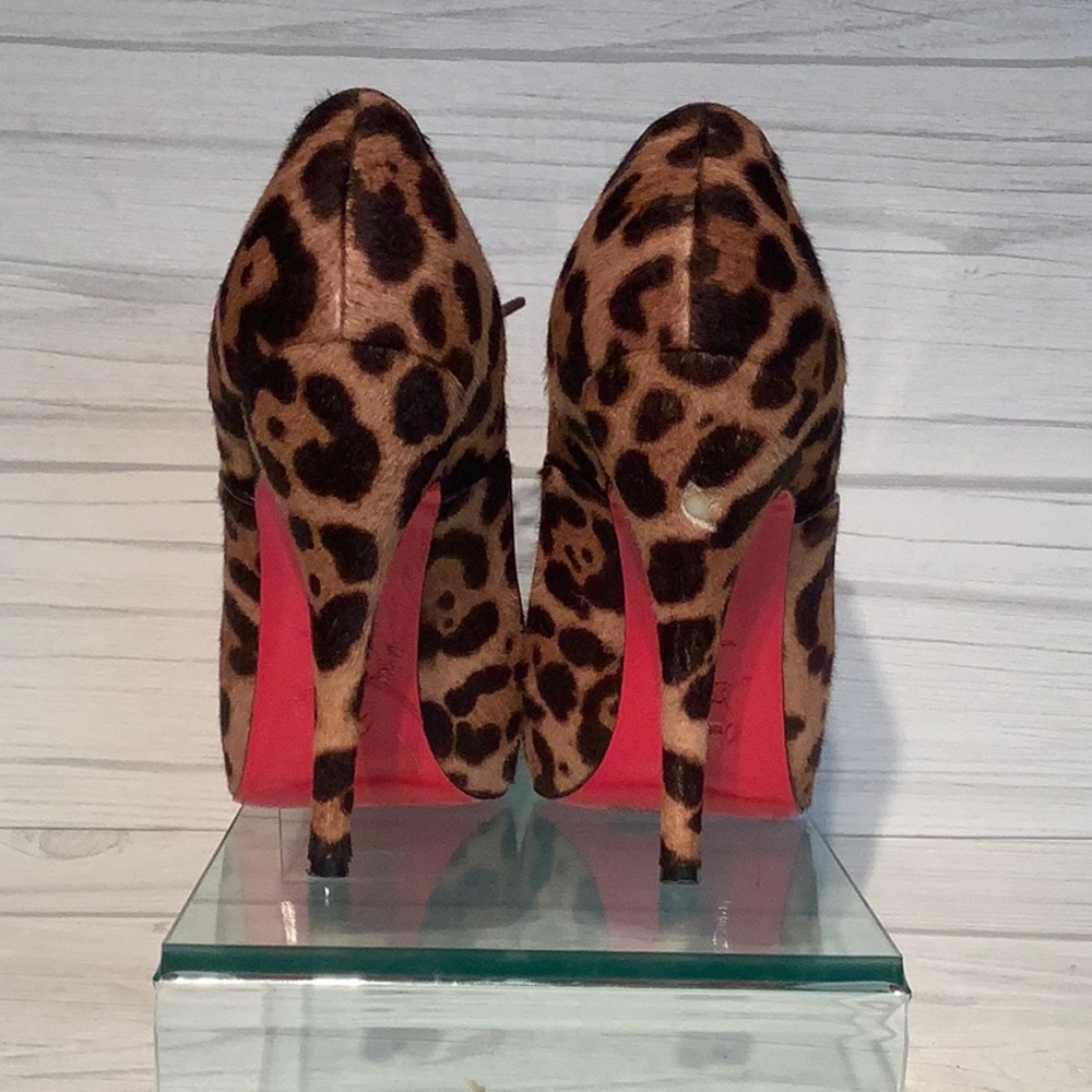 Christian Louboutin Leopard Print Lace-Up Peep-Toe Pumps with Red Soles
